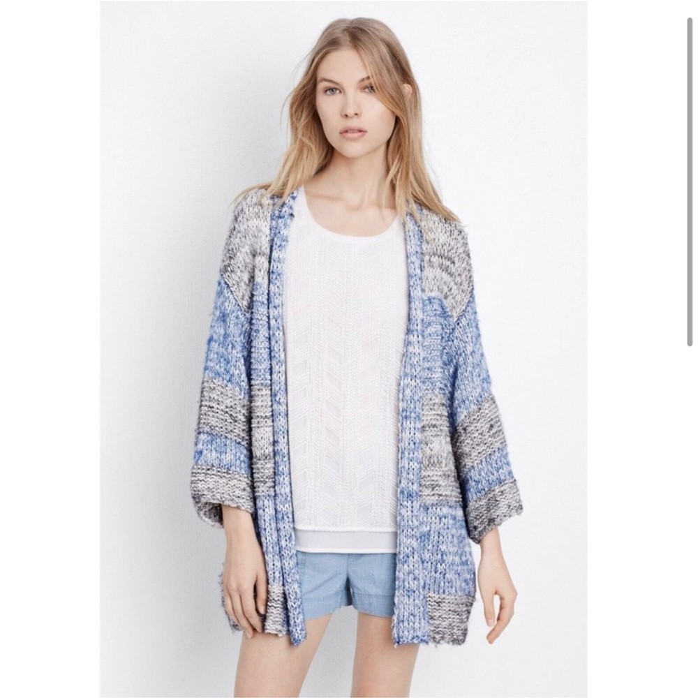 Vince Blue Gray Chunky Knit Cardigan Striped Oversized Sweater